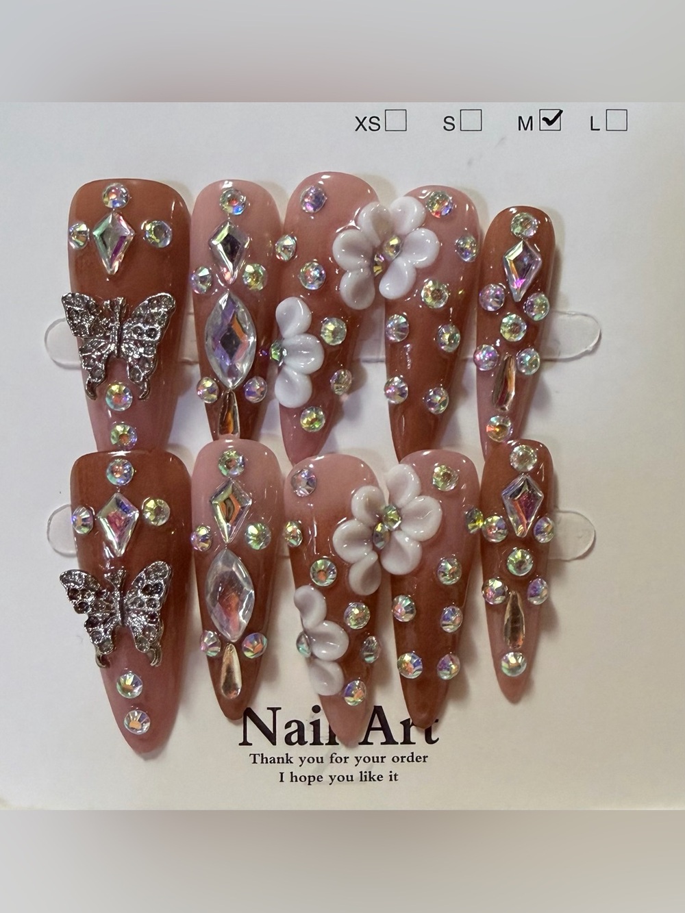 Nail Art Crystal Floral Stiletto Press-On Nails - Brown Pink